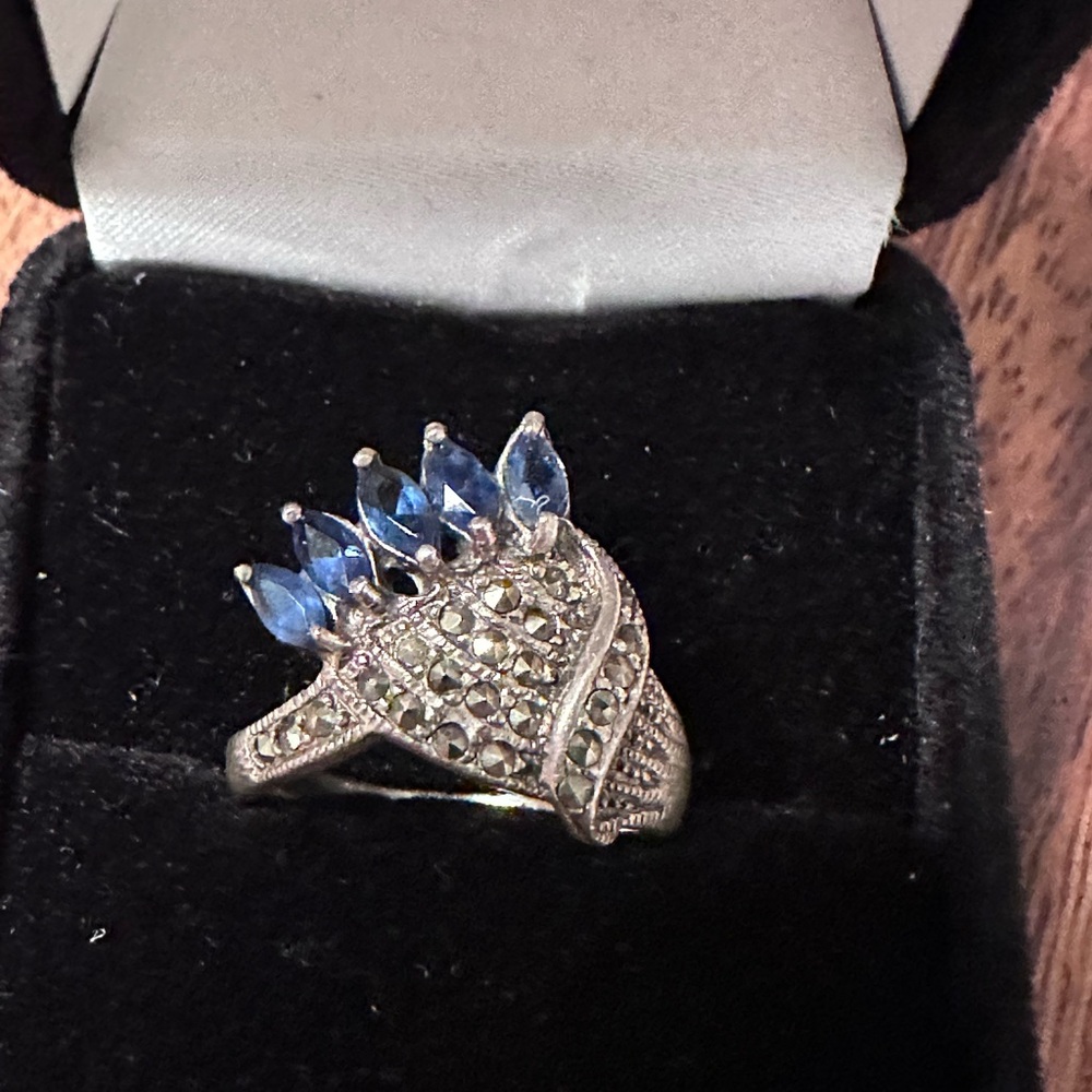 Elegant Silver marcasite and Blue Gemstone Ring